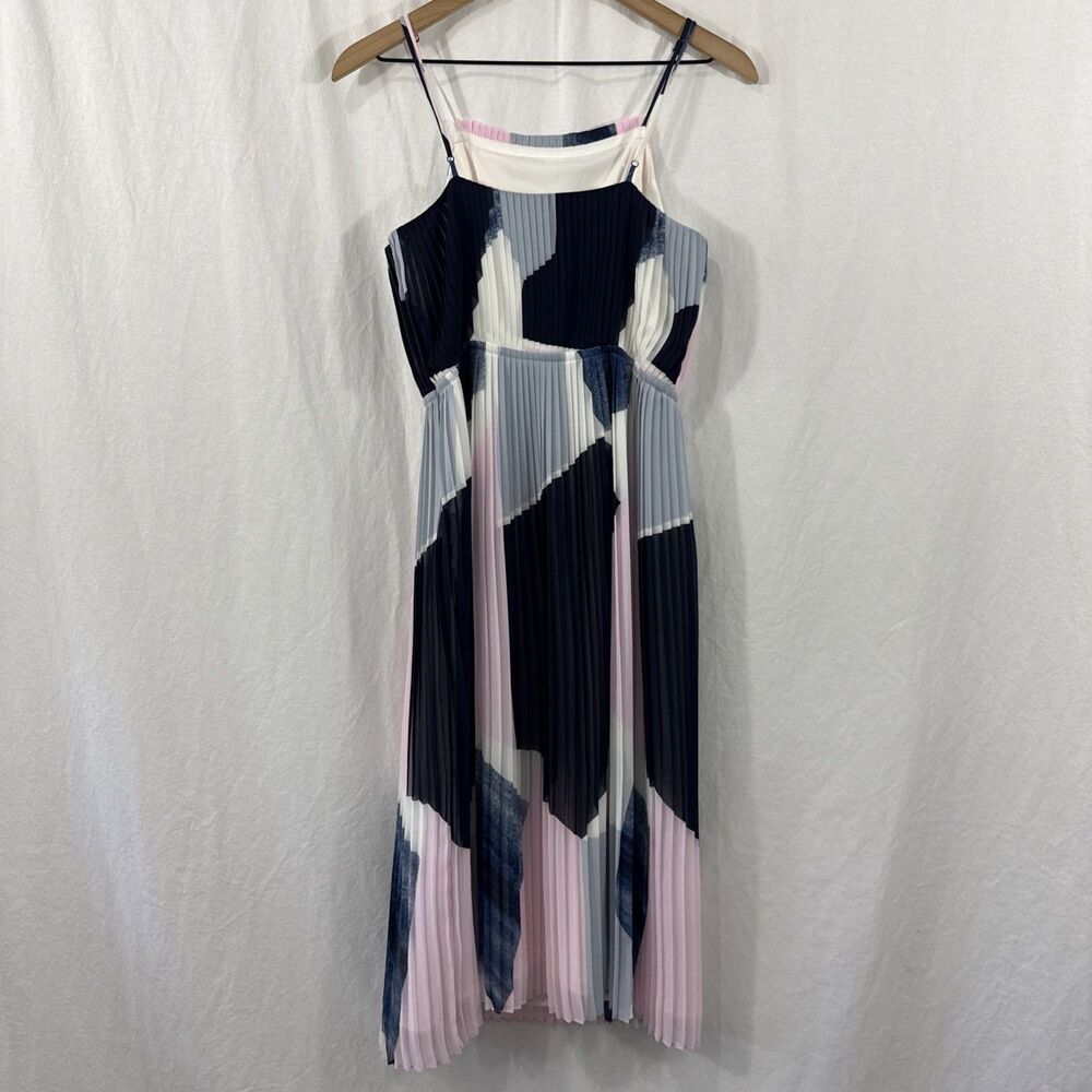 Banana Republic Pleated Strappy Colorblock Mod Retro Midi Dress Womens Sz 6 - Picture 2 of 13